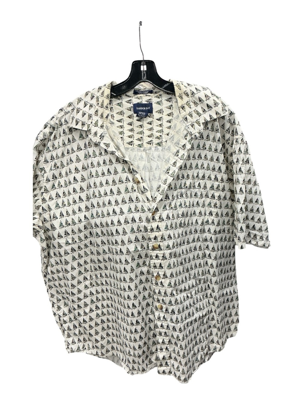 Harbor Bay Men’s Cream Short-Sleeve Button Shirt with Navy Print